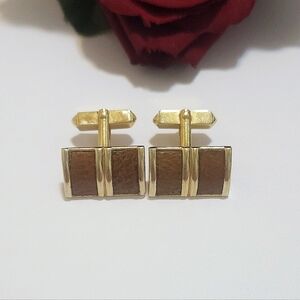 Vintage Swank Gold Plated Brown Leather Cuff Links Unisex